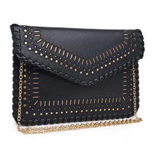 Urban Expressions Spencer Black Faux Leather Clutch – Gold acc , Whipstitch trim